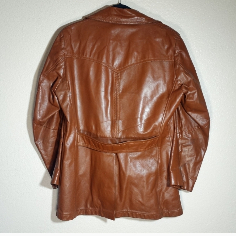 Vintage Leather William Barry 70s Wide Lapel Western Yoke Chocolate Brown Coat L - Picture 4 of 12